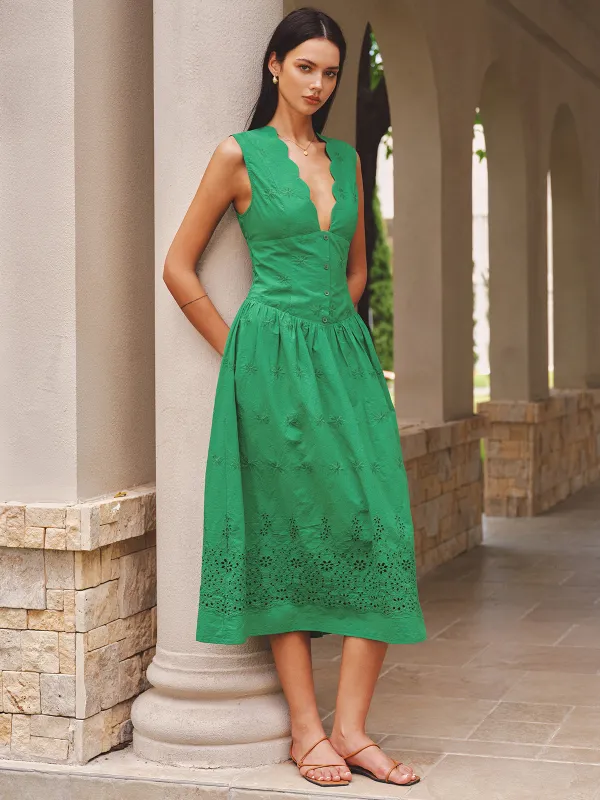 Eyelet Embroidery Scalloped Neckline Maxi Dress made by COMMENSE