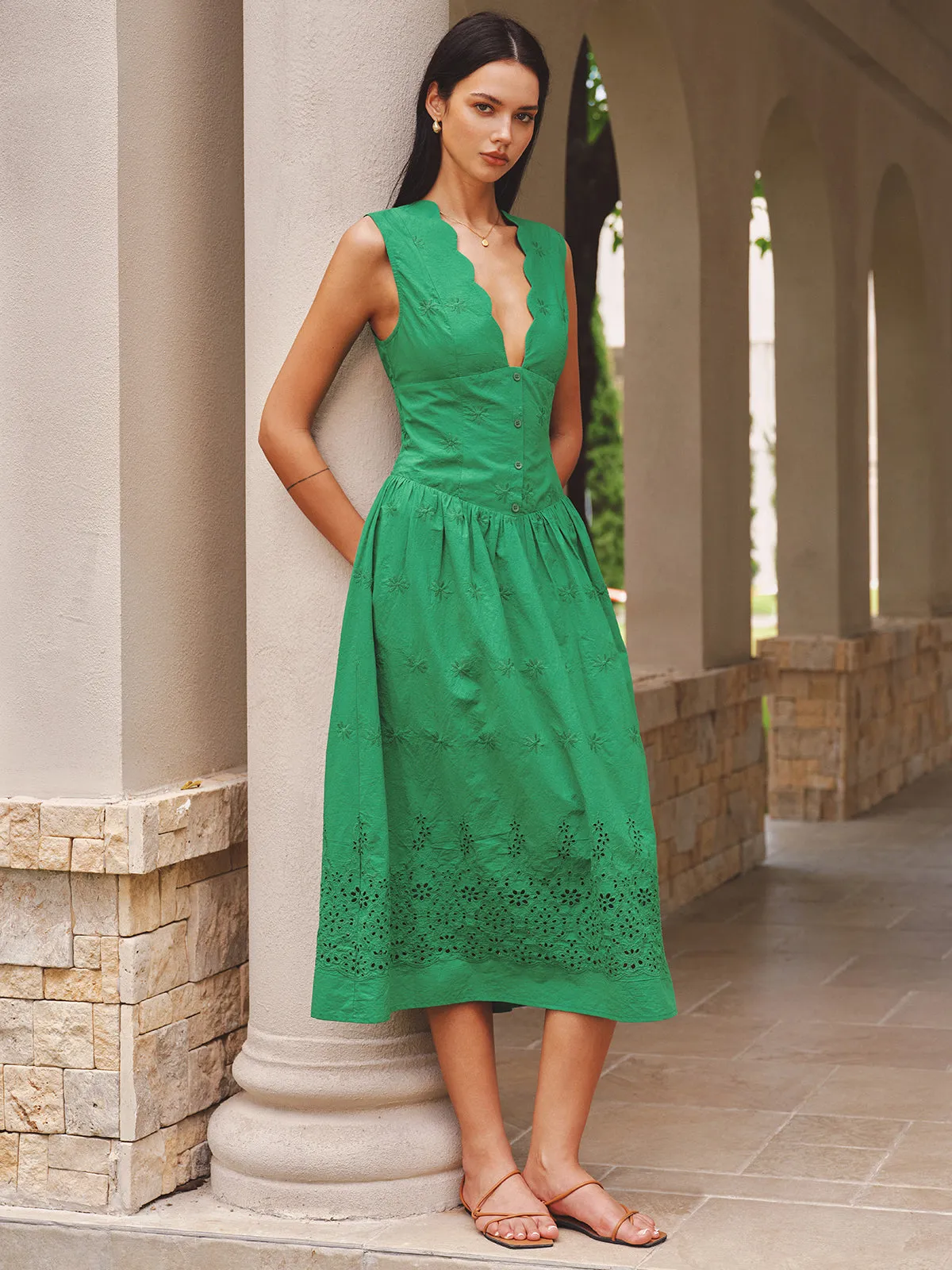 Eyelet Embroidery Scalloped Neckline Maxi Dress sold by COMMENSE