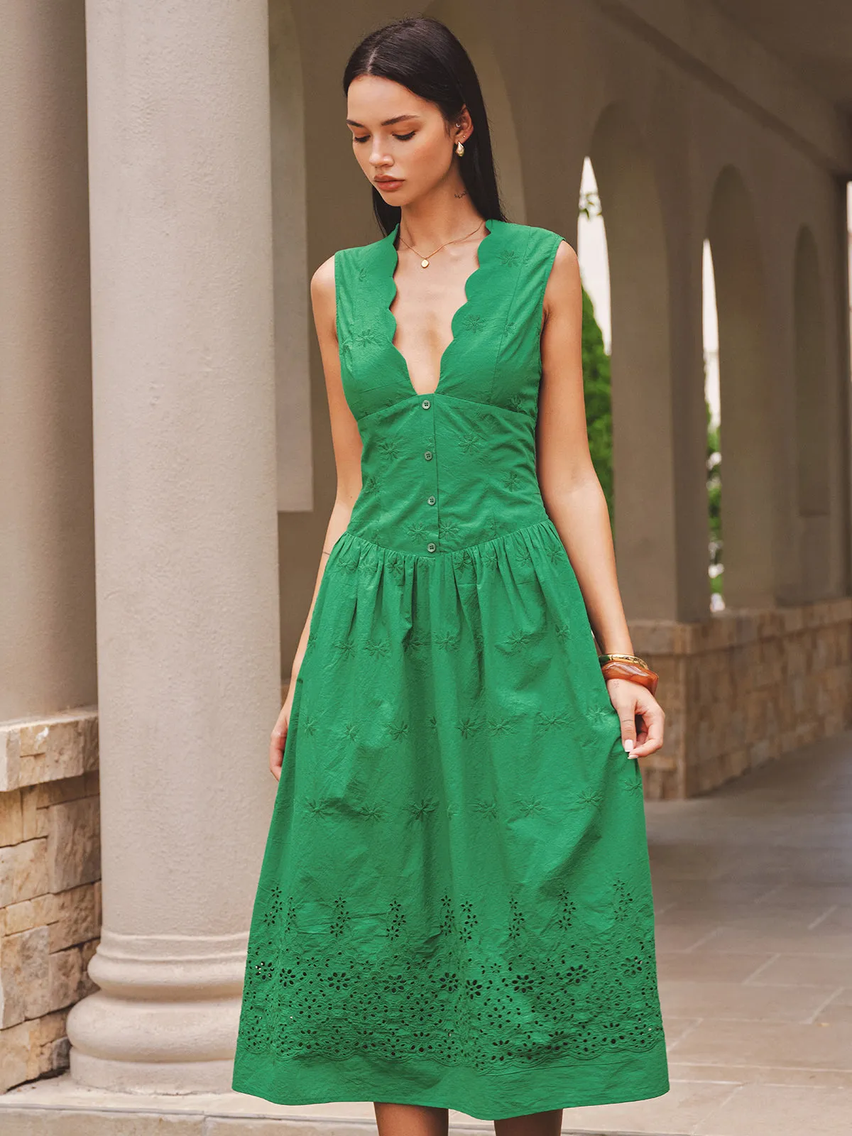 Eyelet Embroidery Scalloped Neckline Maxi Dress sold by COMMENSE product image thumbnail 5