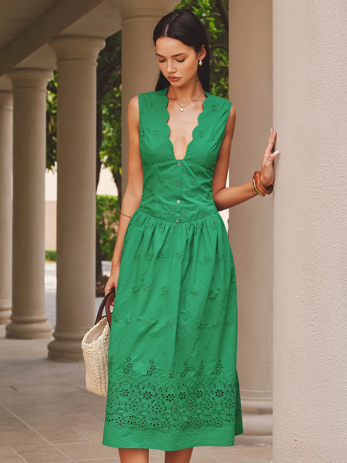Eyelet Embroidery Scalloped Neckline Maxi Dress sold by COMMENSE product image thumbnail 3