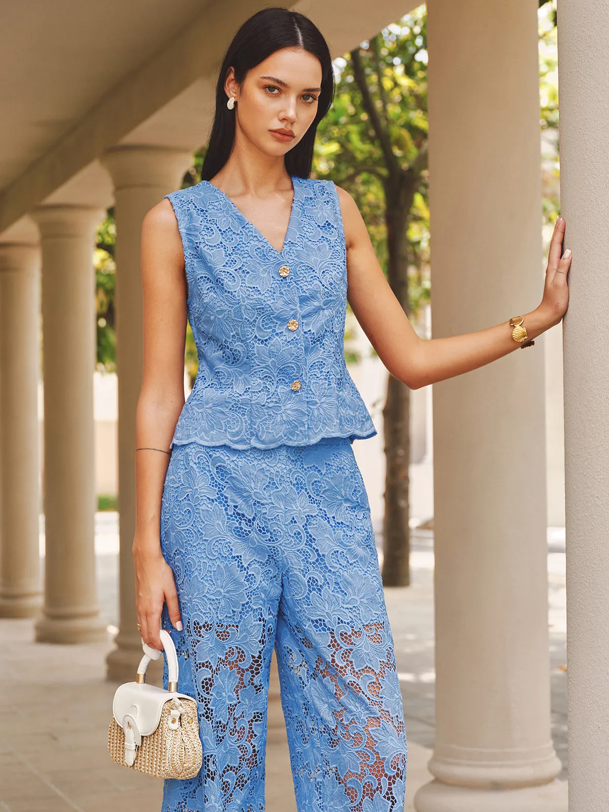 V-Neck Guipure Lace Vest & Pants Set sold by COMMENSE product image thumbnail 2