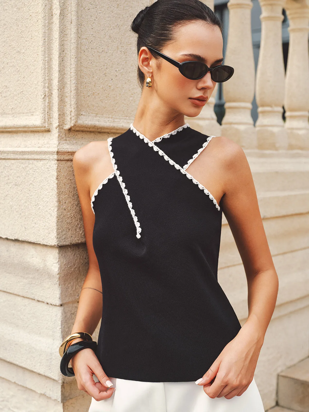 Scalloped Trim Asymmetric Knit Tank Top sold by COMMENSE product image thumbnail 4