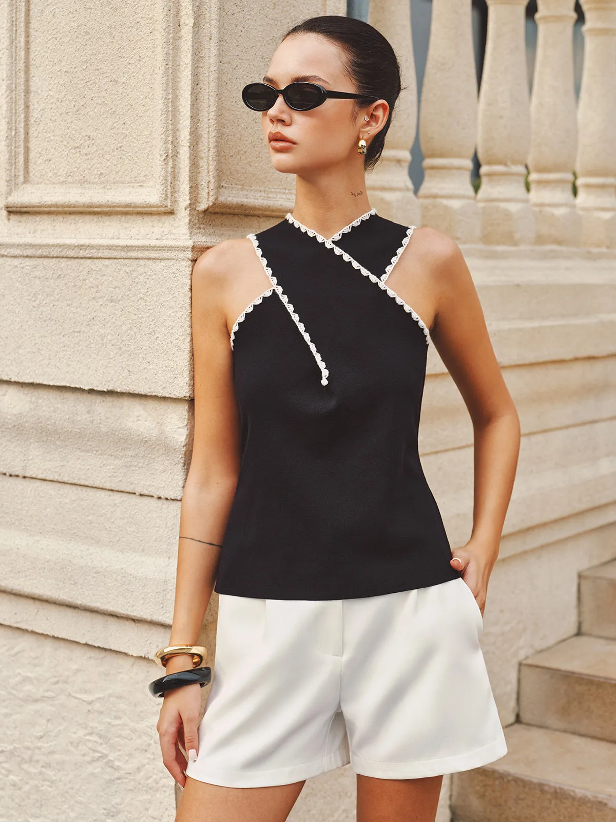Scalloped Trim Asymmetric Knit Tank Top sold by COMMENSE product image thumbnail 5