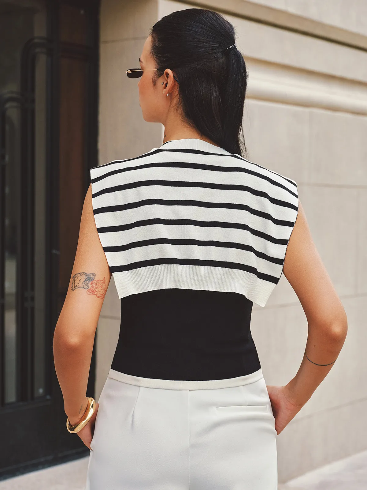 Scalloped Trim Knit Tank Top with Striped Shawl sold by COMMENSE product image thumbnail 5