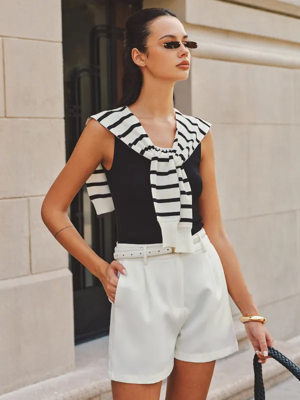 Scalloped Trim Knit Tank Top with Striped Shawl made by COMMENSE