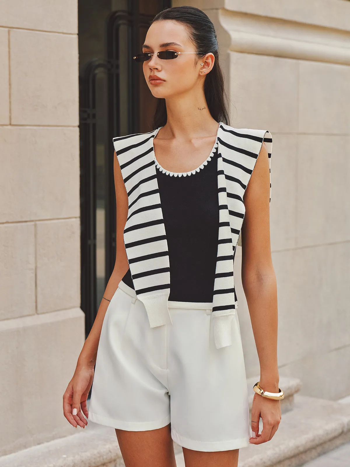 Scalloped Trim Knit Tank Top with Striped Shawl sold by COMMENSE product image thumbnail 4