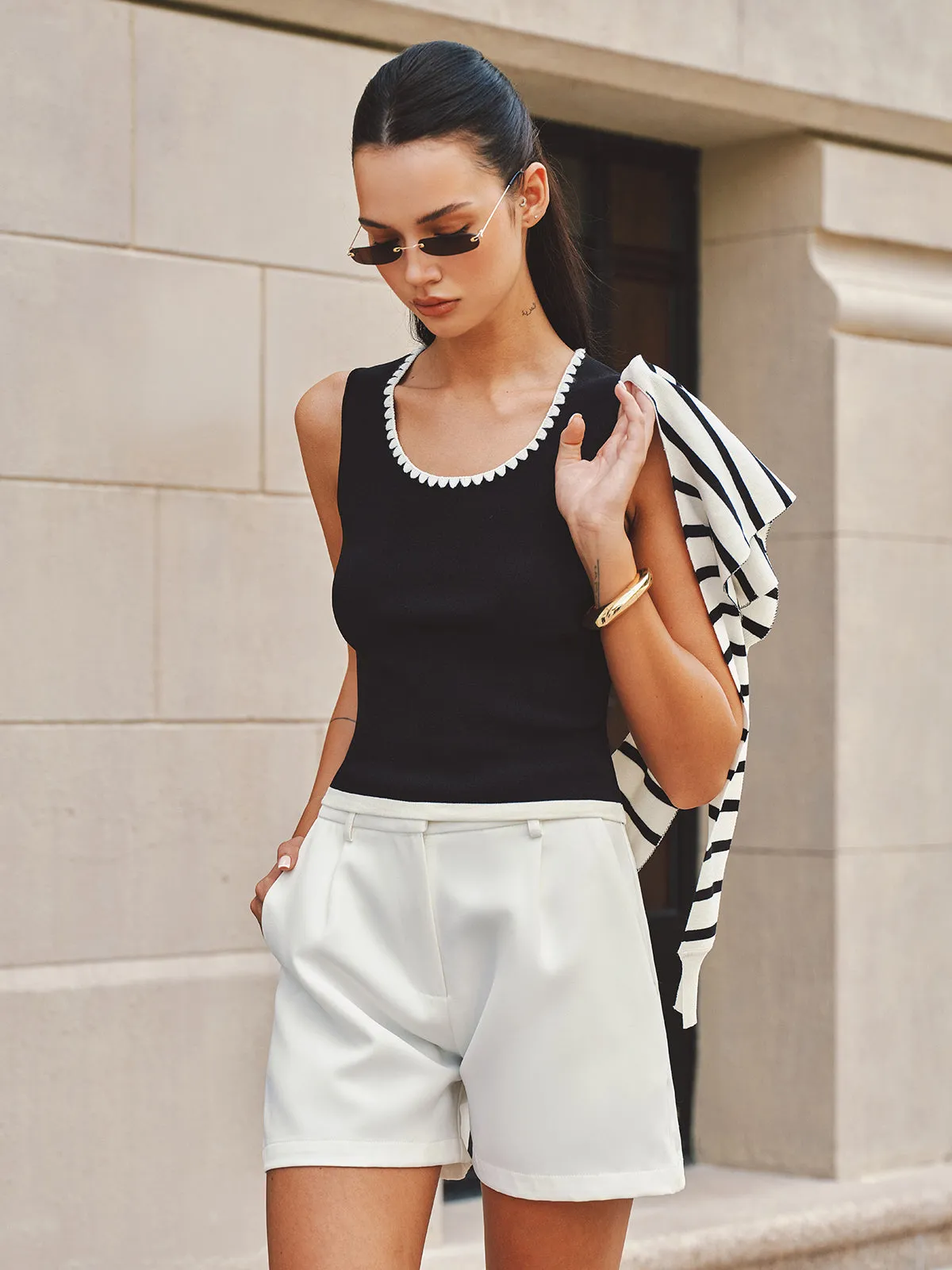 Scalloped Trim Knit Tank Top with Striped Shawl sold by COMMENSE product image thumbnail 3