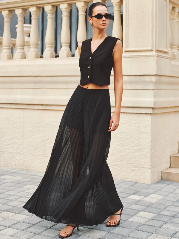 Cropped Vest & Sheer Pleated Palazzo Pants Set made by COMMENSE