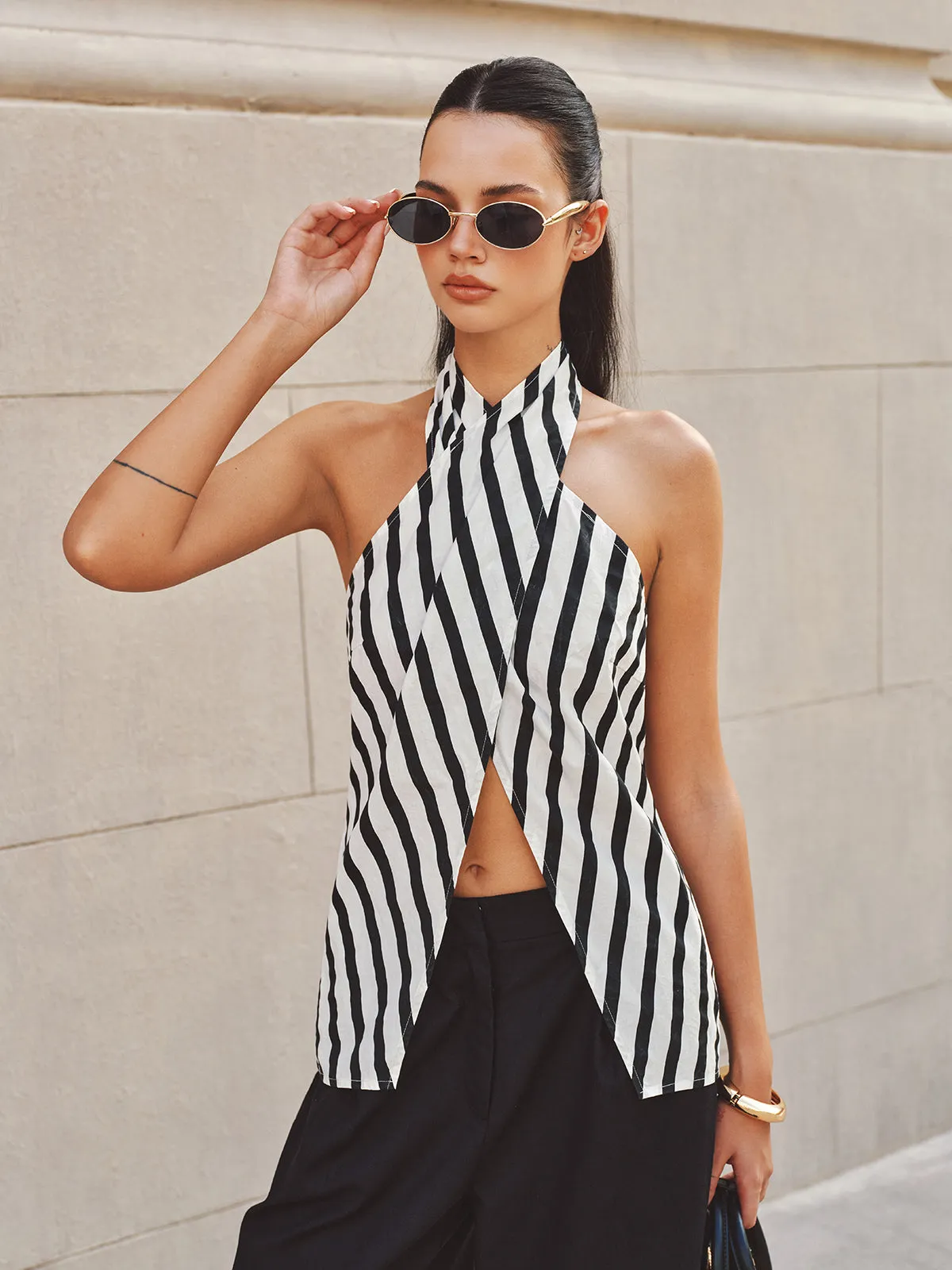 Halter Striped Split Hem Top & Pants Set sold by COMMENSE product image thumbnail 5
