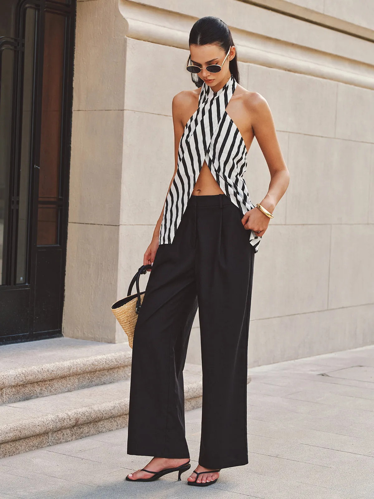 Halter Striped Split Hem Top & Pants Set sold by COMMENSE product image thumbnail 3