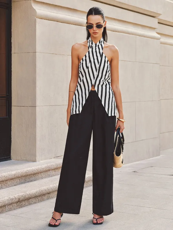 Halter Striped Split Hem Top & Pants Set made by COMMENSE