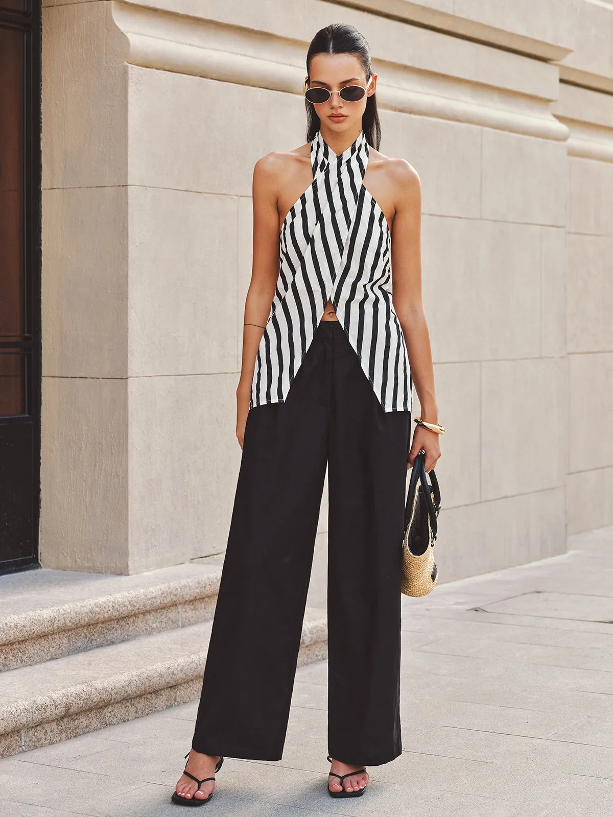 Halter Striped Split Hem Top & Pants Set sold by COMMENSE