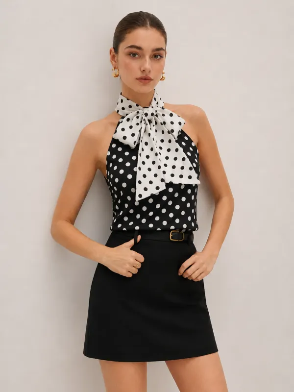Tie Front Polka Dot Halter Top made by COMMENSE