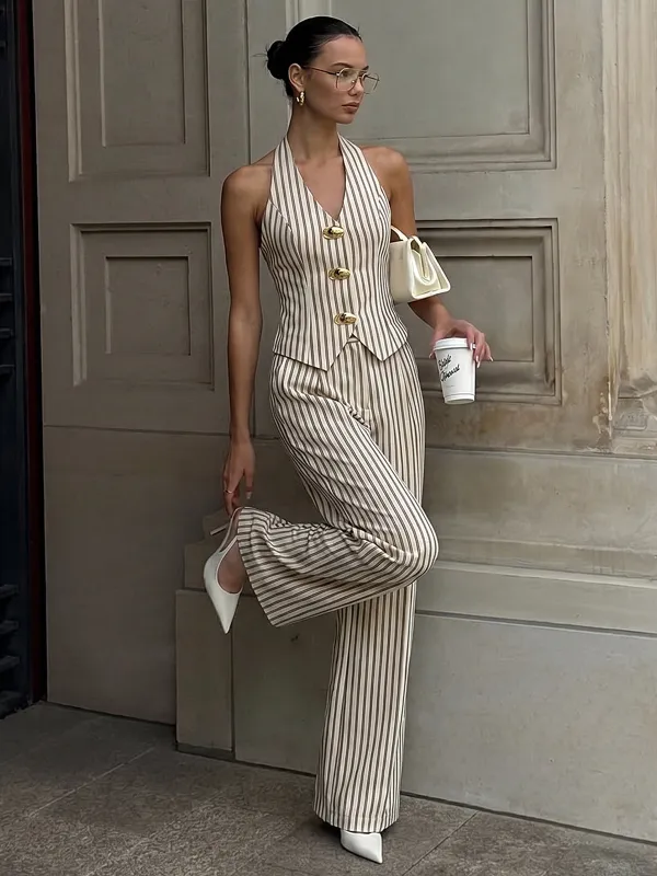 Striped Halter Neck Pants Set with Metal Button made by COMMENSE