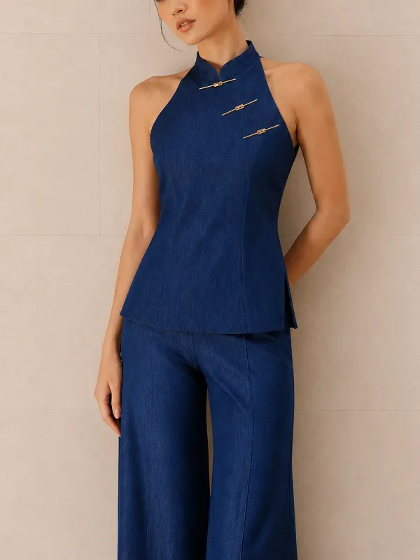 Metal Frog Button Halter Neck Pants Set made by COMMENSE