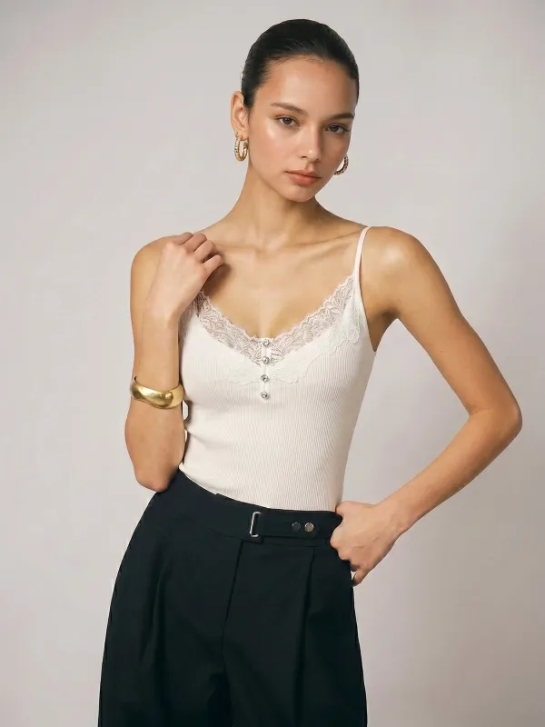 Crystal Detail Lace Trim Ribbed Knit Cami Top made by COMMENSE