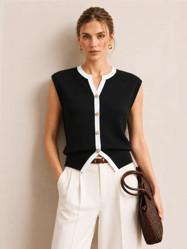 Contrast Trim Metal Button Knit Vest made by COMMENSE