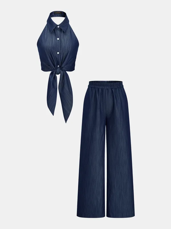 Halter Neck Tie-Waist Top & Pants Set made by COMMENSE