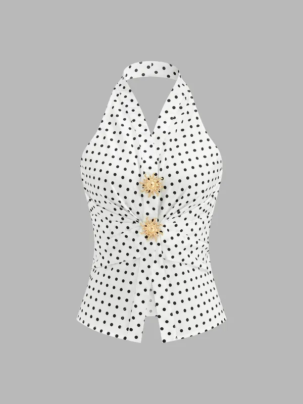 Polka Dot Ruched Halter Top made by COMMENSE