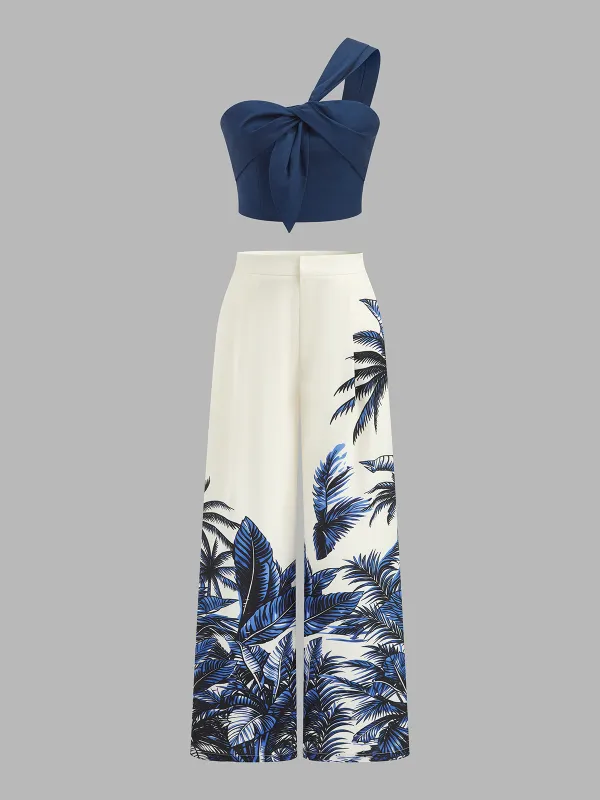One-Shoulder Top & Tropical Print Pants Set made by COMMENSE