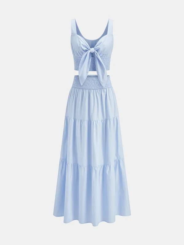 Cotton Smocked Tie-Front Top & Tiered Skirt Set made by COMMENSE