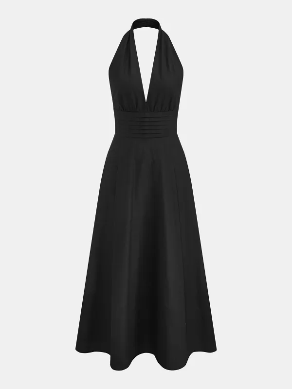 Deep V-Neck Halter Cotton Linen Maxi Dress made by COMMENSE