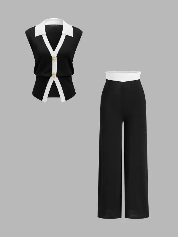 Contrast Trim Knit Vest & Pants Set made by COMMENSE