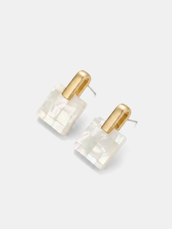 Checkered Mother of Pearl Square Earrings made by COMMENSE