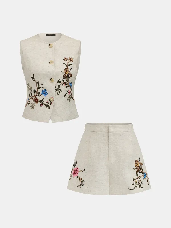 Floral Embroidered Linen Blend Vest made by COMMENSE