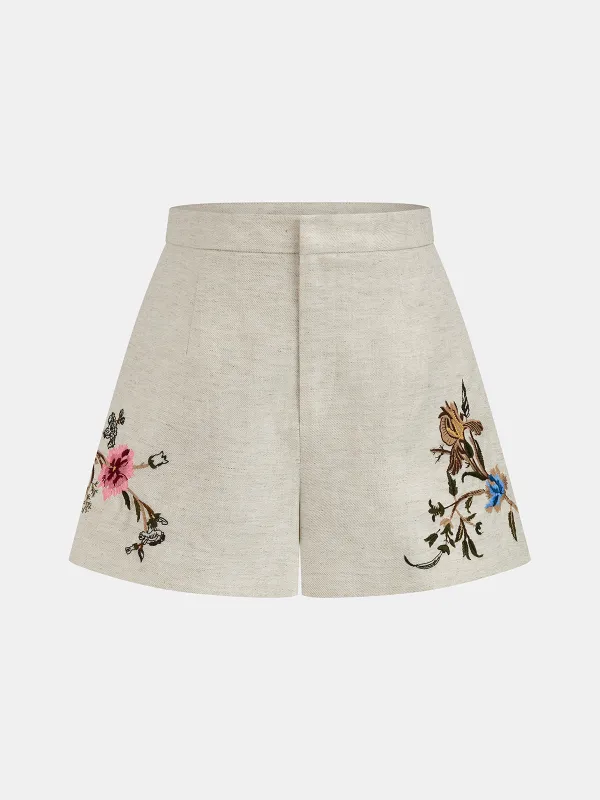 Floral Embroidered Linen Blend Shorts made by COMMENSE