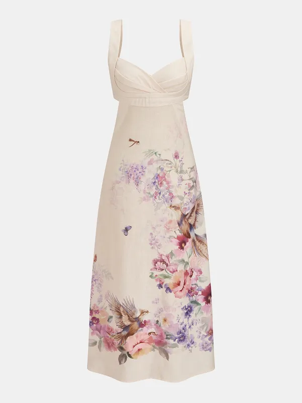 Floral Bird Print Tie-Back Midi Dress made by COMMENSE