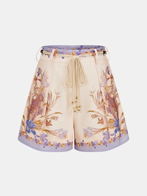 Floral Bird Print Belted Casual Shorts made by COMMENSE