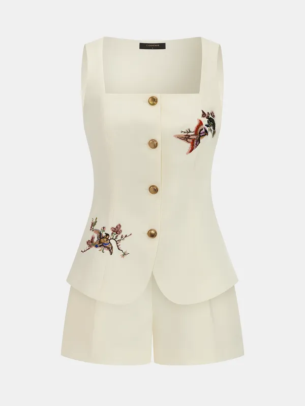 Floral Bird Embroidered Vest & Shorts Set made by COMMENSE