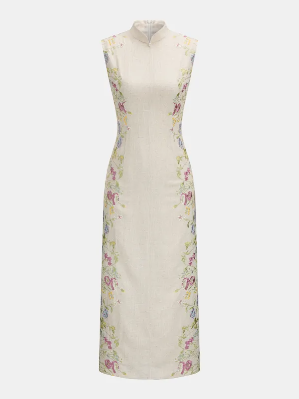 Floral Embroidered Cotton Linen Sleeveless Dress made by COMMENSE
