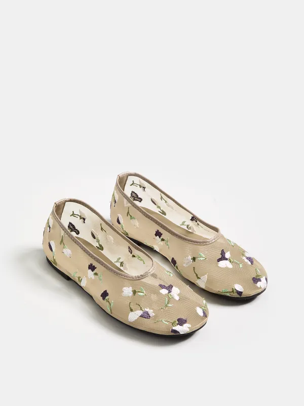 Floral Embroidered Mesh Ballet Flats made by COMMENSE