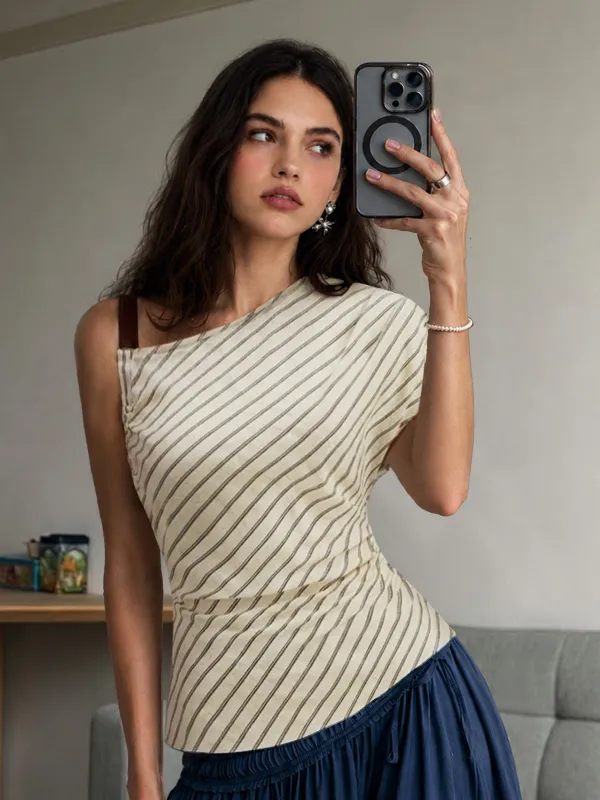 Asymmetric Striped Cotton Linen Top made by COMMENSE