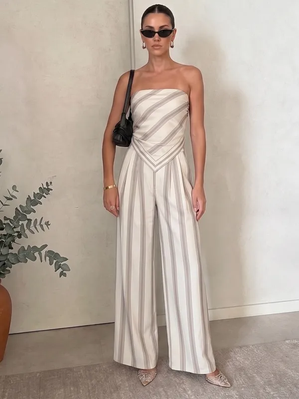 Striped Strapless Top & Wide Leg Pants Set made by COMMENSE