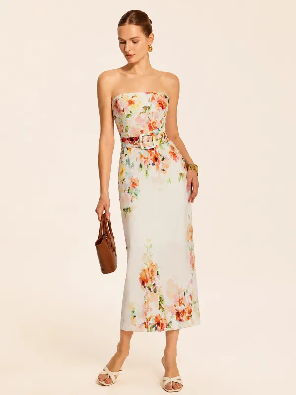 Strapless Belted Floral Print Midi Dress made by COMMENSE