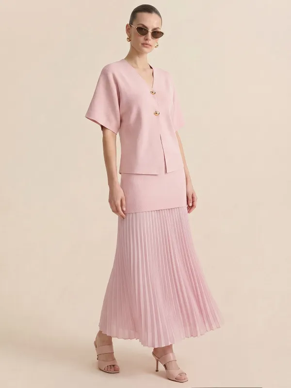 Metal Button Knit Top & Pleated Skirt Set made by COMMENSE
