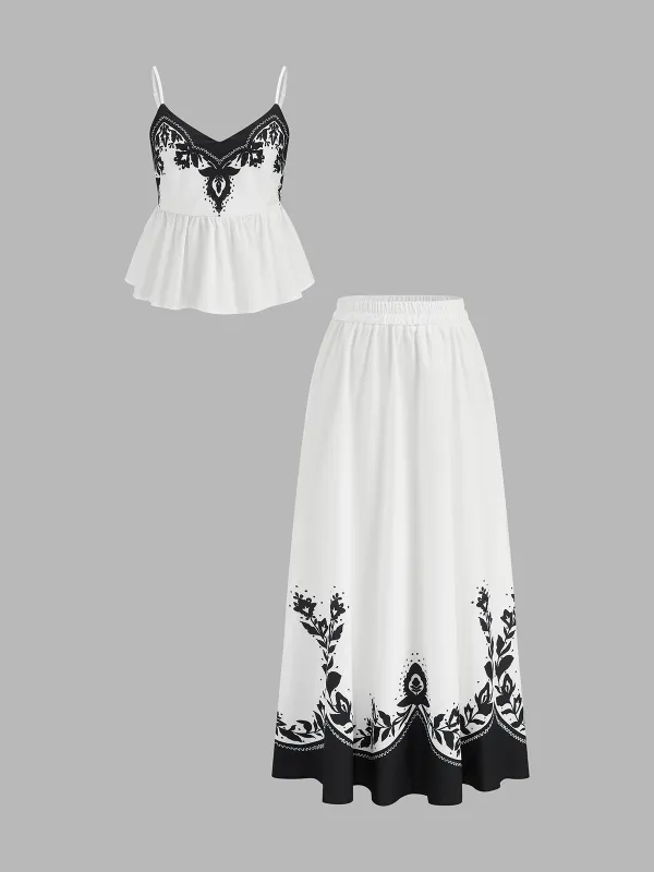 Floral Print Peplum Cami Top & Midi Skirt Set made by COMMENSE