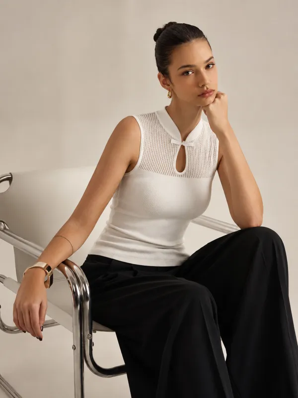 Mandarin Collar Hollow Knit Tank Top made by COMMENSE