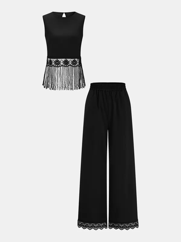 Fringe Sleeveless Top & Lace-Trim Pants Set made by COMMENSE