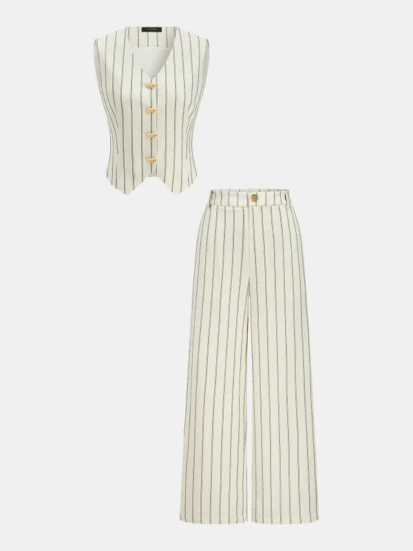Striped V-Neck Vest & Wide Leg Pants Set made by COMMENSE
