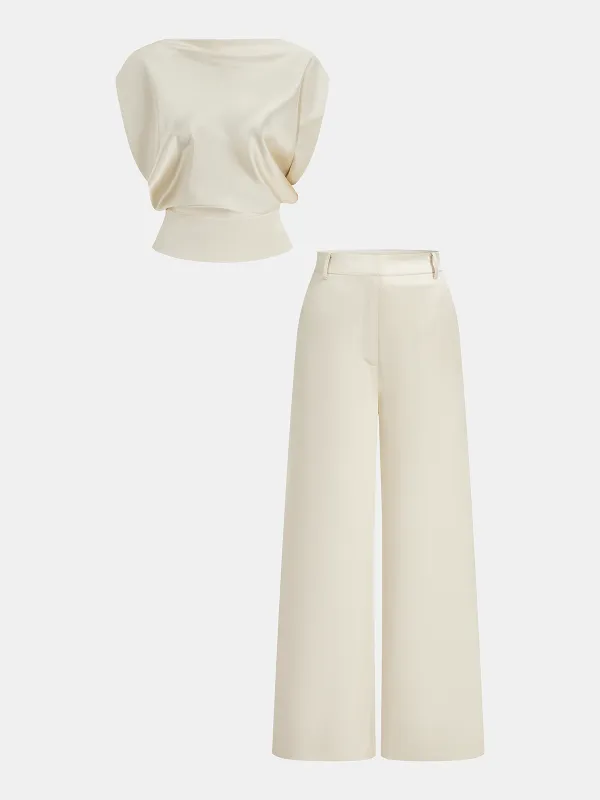 Satin Draped Top & Wide-Leg Pants Set made by COMMENSE