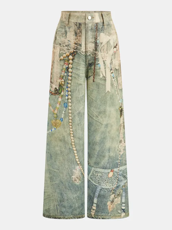 Jewelry Print Wide Leg Denim Pants made by COMMENSE