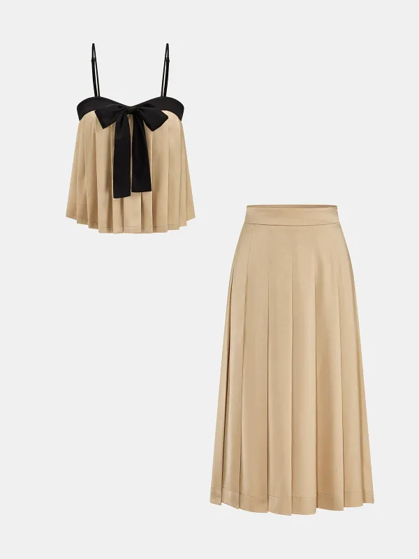 Contrast Bow Pleated Cami Top & Midi Skirt Set made by COMMENSE