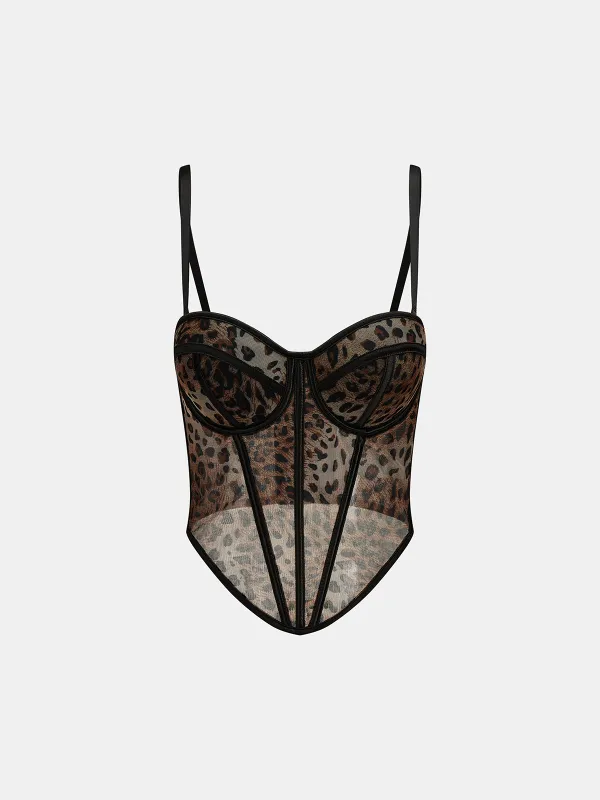 Leopard Print Mesh Cami Corset Top made by COMMENSE