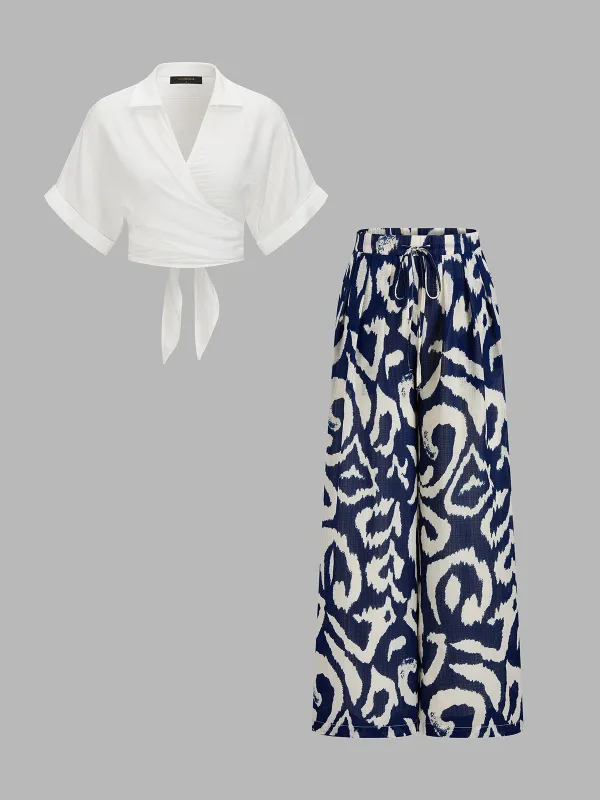 Tie-Back Crop Top & Abstract Print Pants Set made by COMMENSE