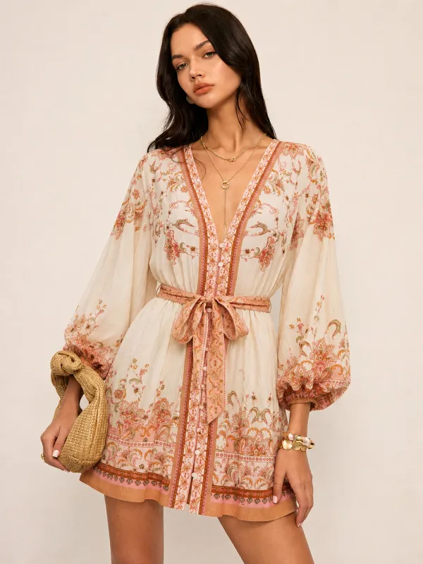 Paisley Print Belted Mini Dress made by COMMENSE