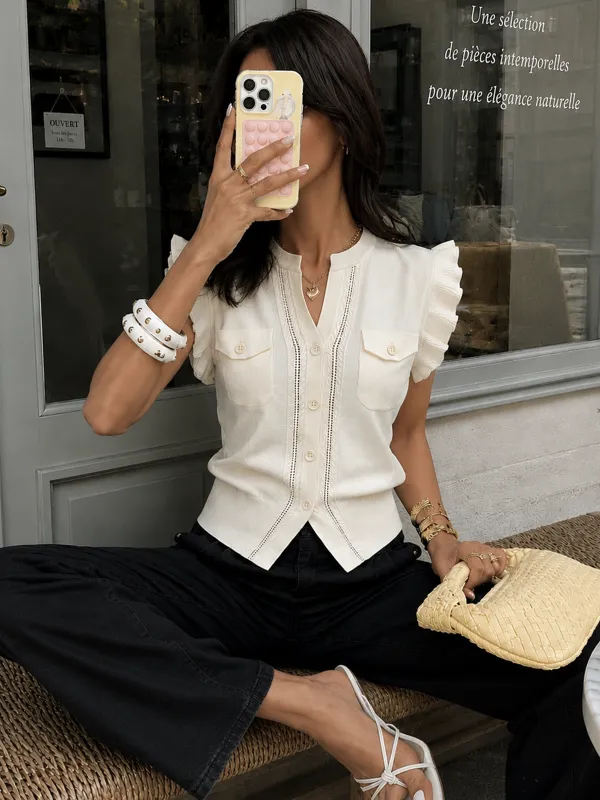 Ruffled Button-Down Knit Top made by COMMENSE
